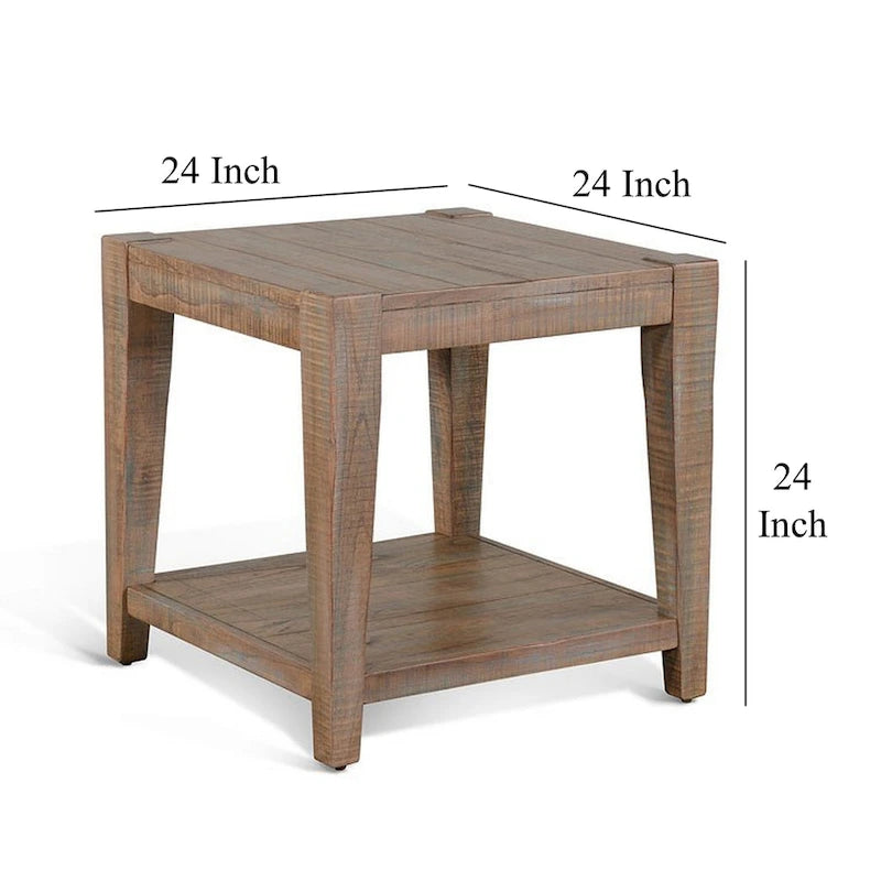 Side End Table, 1 Shelf, Light Brown Mahogany, 24 Inch Square