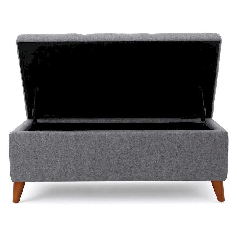 Storage Ottoman Bench, Gray Fabric Cushions, Brown Wood Legs, 38 Inch