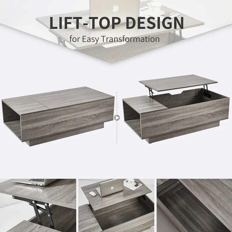 Adjustable Lift-Top Coffee Table in Walnut or Grey with Storage
