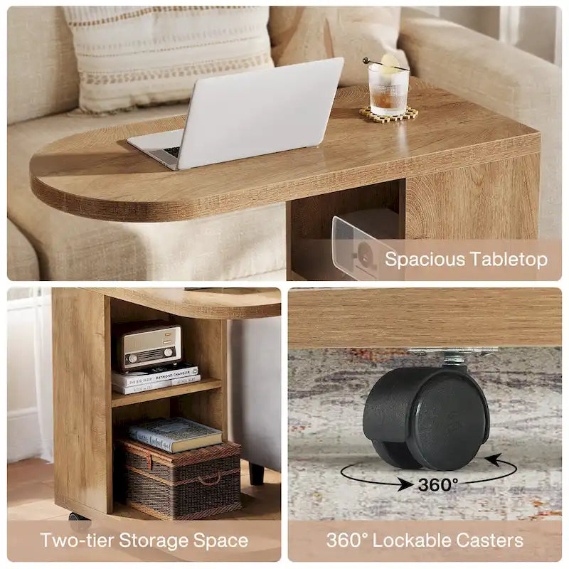 C-Shaped Sofa Side Table with Mobile Storage