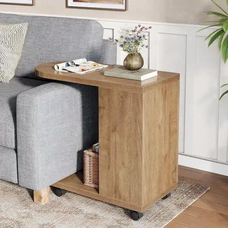 C-Shaped Sofa Side Table with Mobile Storage