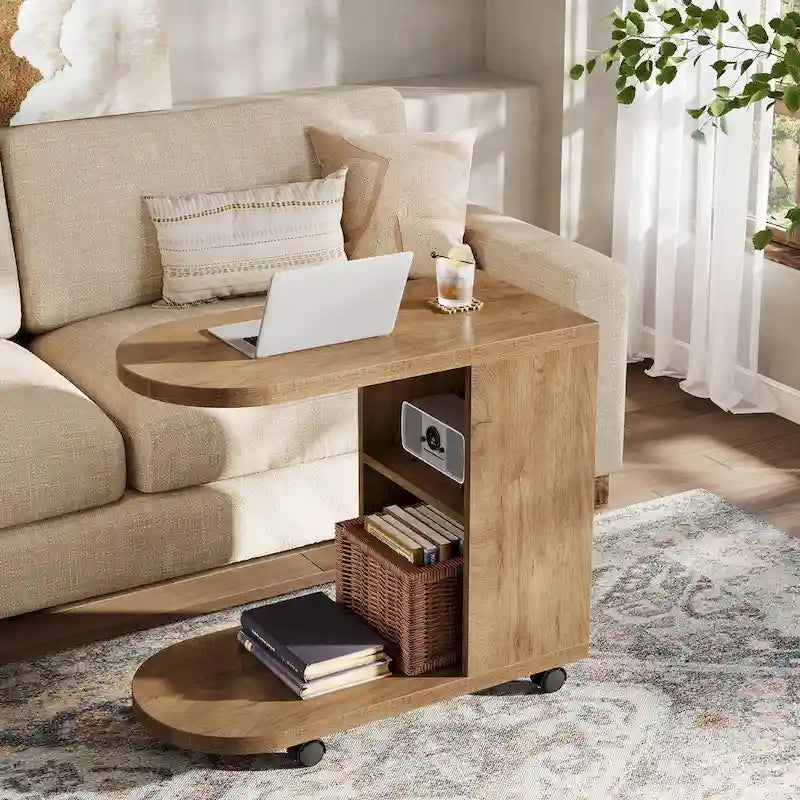 C-Shaped Sofa Side Table with Mobile Storage