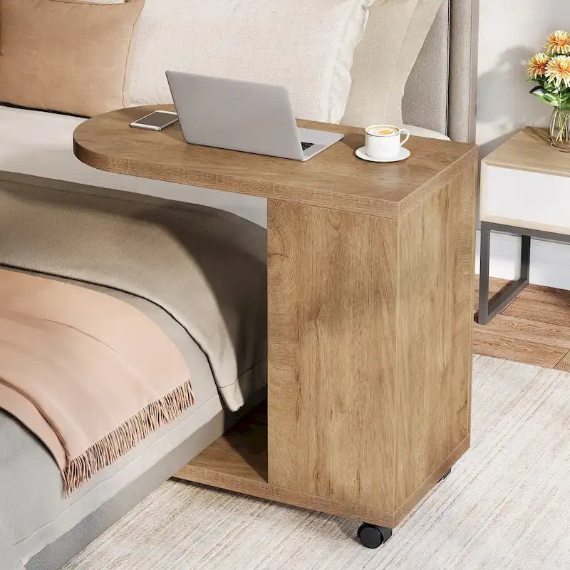 C-Shaped Sofa Side Table with Mobile Storage