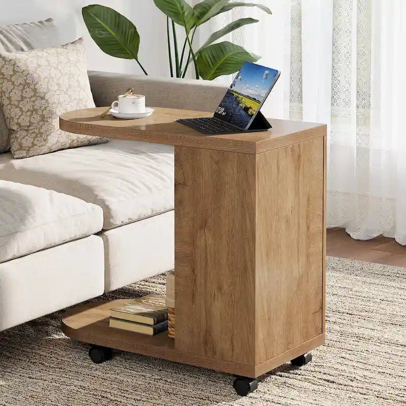 C-Shaped Sofa Side Table with Mobile Storage