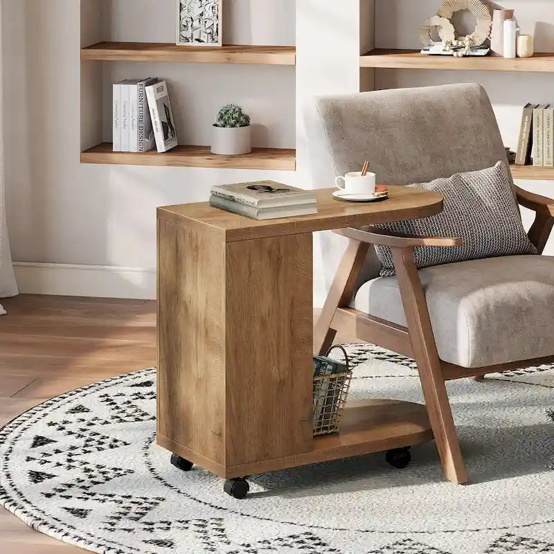 C-Shaped Sofa Side Table with Mobile Storage