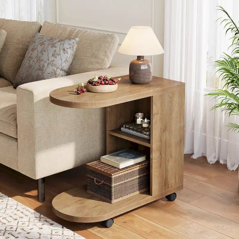 C-Shaped Sofa Side Table with Mobile Storage