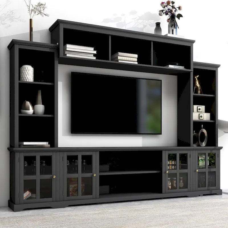 Entertainment Wall Unit with Bridge and Tempered Glass Doors