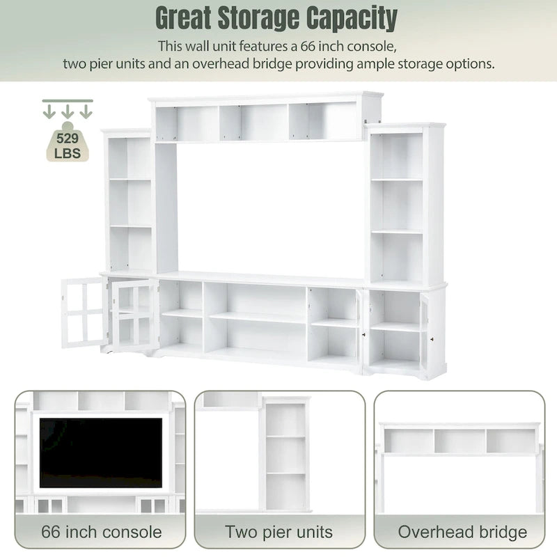 Entertainment Wall Unit with Bridge and Tempered Glass Doors