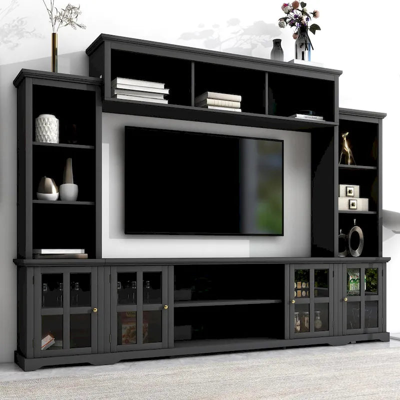 Entertainment Wall Unit with Bridge and Tempered Glass Doors