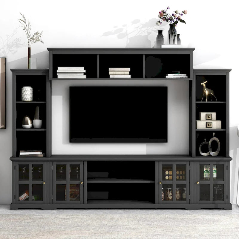Entertainment Wall Unit with Bridge and Tempered Glass Doors