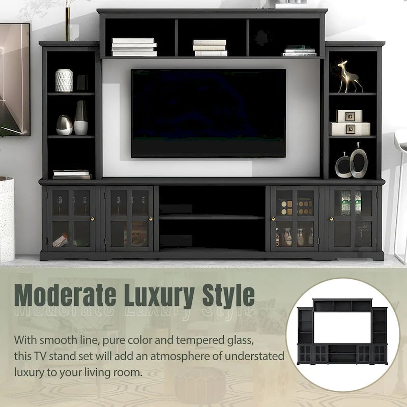 Entertainment Wall Unit with Bridge and Tempered Glass Doors