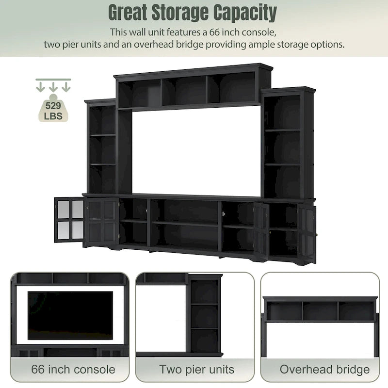 Entertainment Wall Unit with Bridge and Tempered Glass Doors