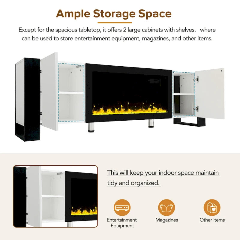 Modern 68.1-Inch Fireplace TV Stand with Two Storage Cabinets