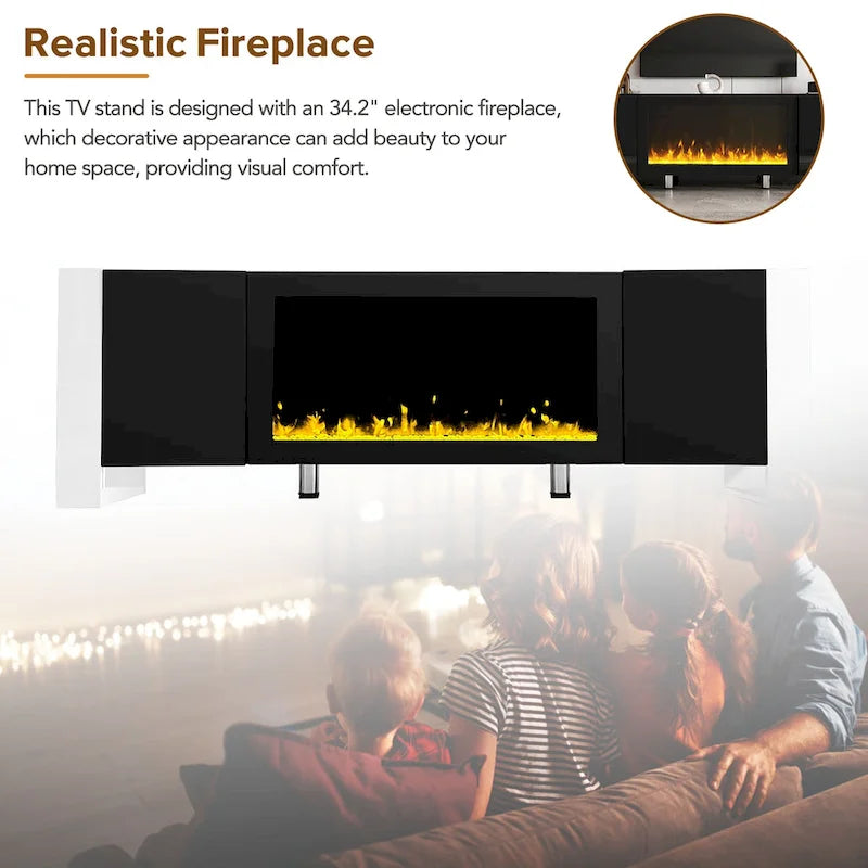 Modern 68.1-Inch Fireplace TV Stand with Two Storage Cabinets
