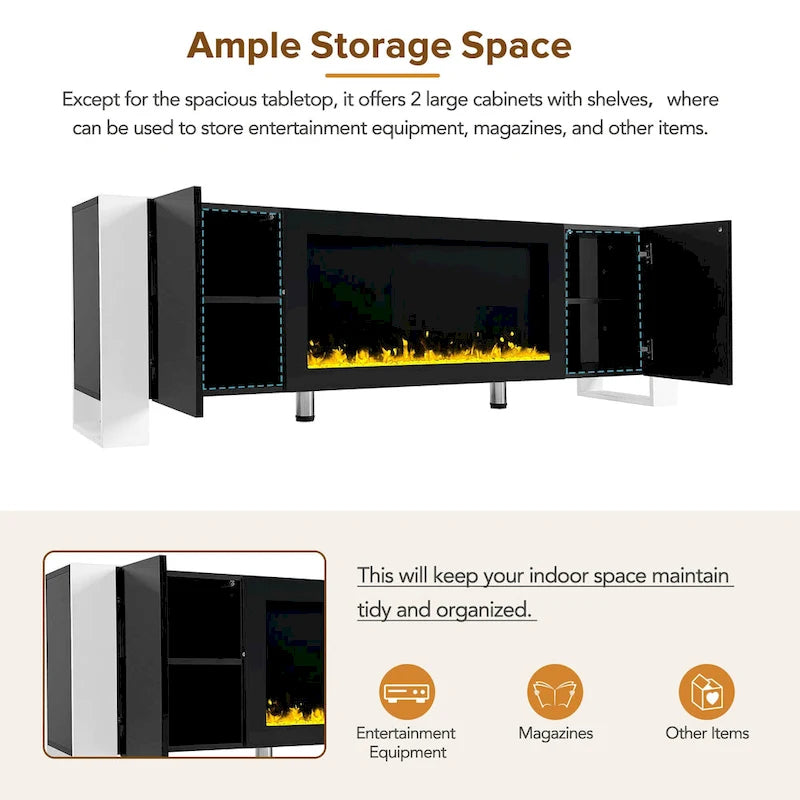 Modern 68.1-Inch Fireplace TV Stand with Two Storage Cabinets