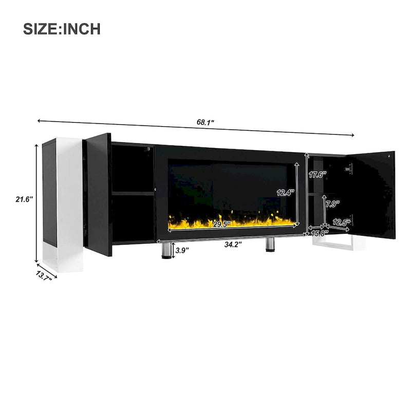 Modern 68.1-Inch Fireplace TV Stand with Two Storage Cabinets