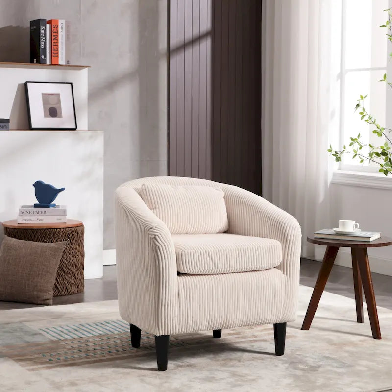 Modern Corduroy Barrel Chair with Wood Legs and Pillows