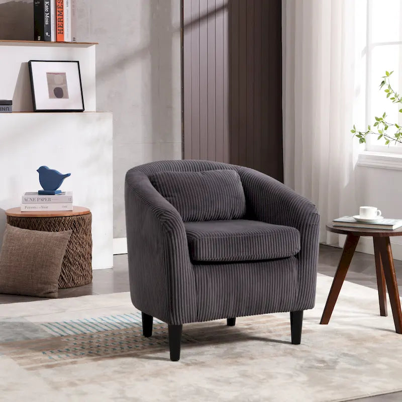 Modern Corduroy Barrel Chair with Wood Legs and Pillows