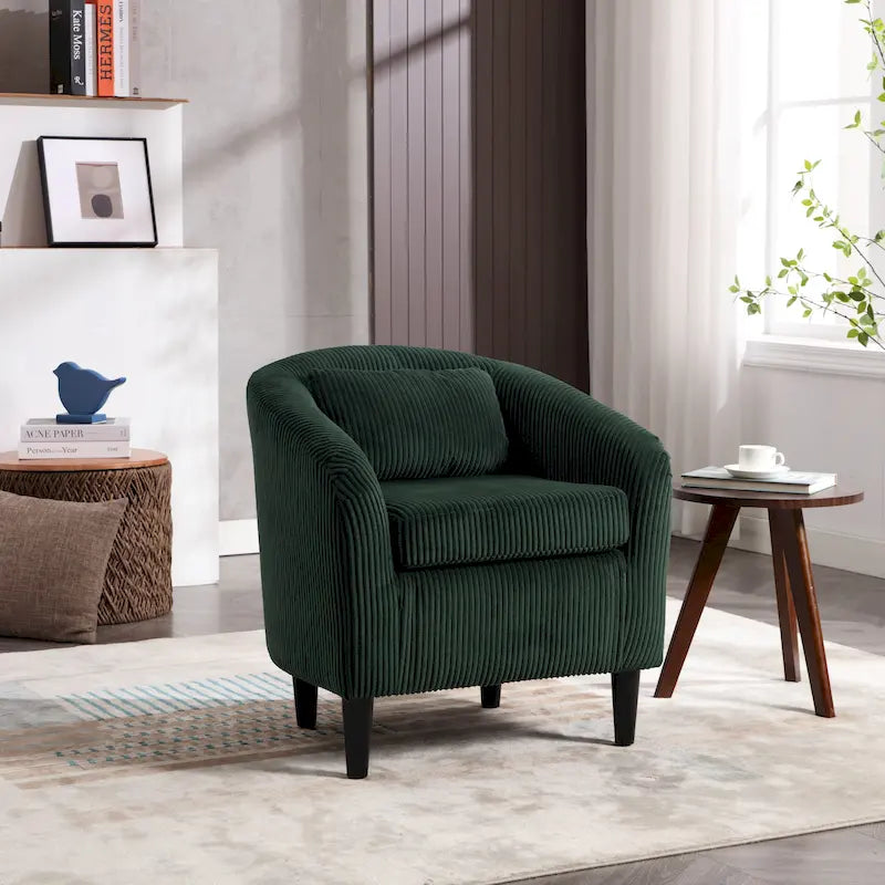 Modern Corduroy Barrel Chair with Wood Legs and Pillows