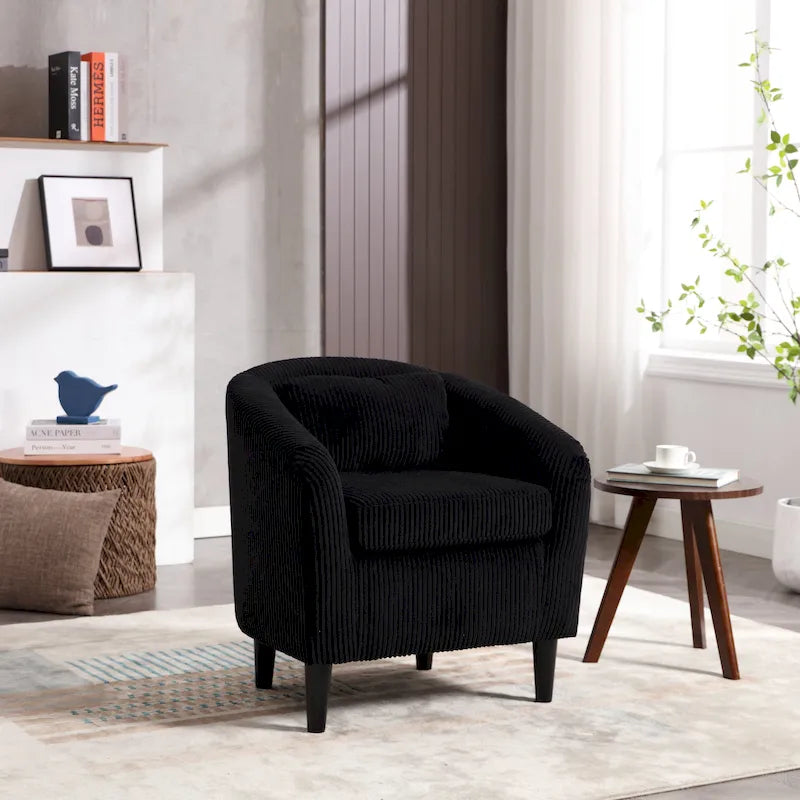 Modern Corduroy Barrel Chair with Wood Legs and Pillows