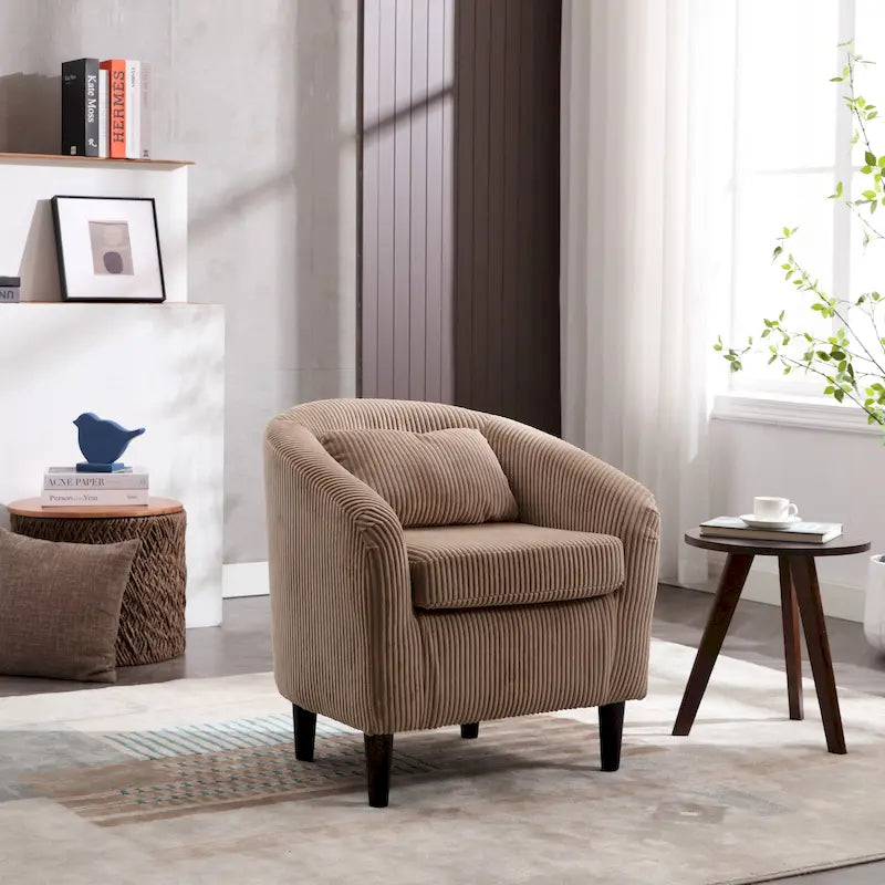 Modern Corduroy Barrel Chair with Wood Legs and Pillows