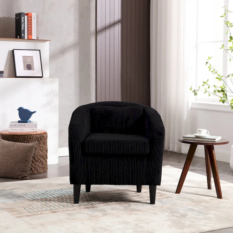 Modern Corduroy Barrel Chair with Wood Legs and Pillows