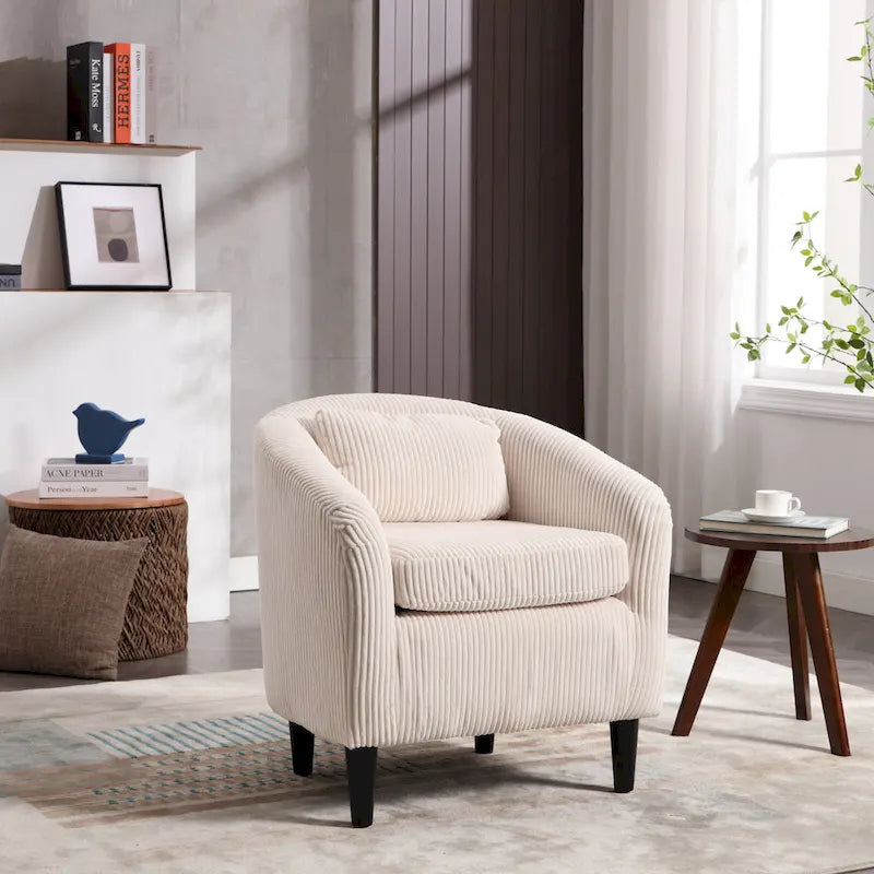 Modern Corduroy Barrel Chair with Wood Legs and Pillows