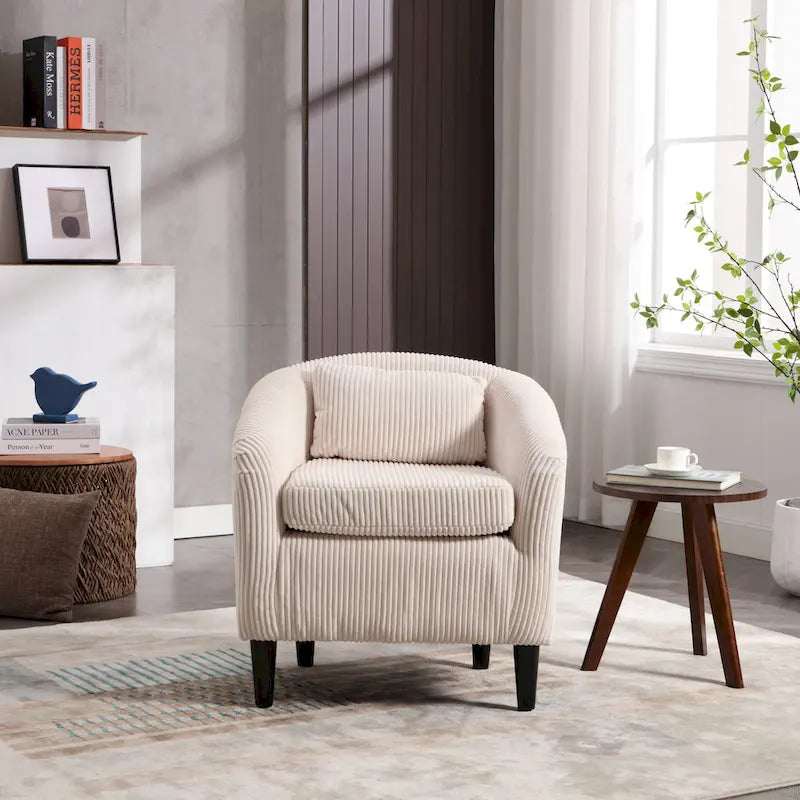 Modern Corduroy Barrel Chair with Wood Legs and Pillows