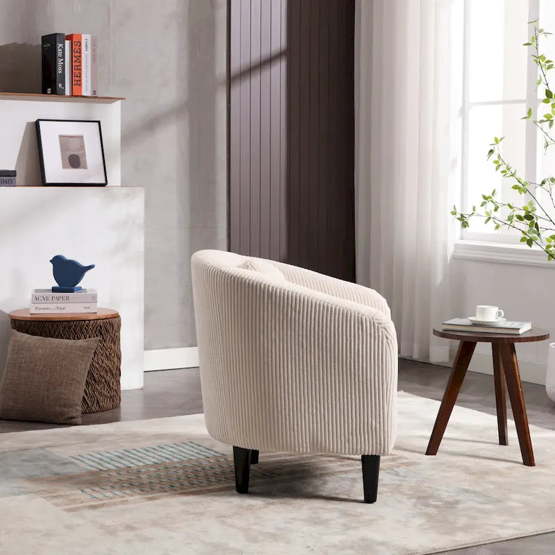 Modern Corduroy Barrel Chair with Wood Legs and Pillows