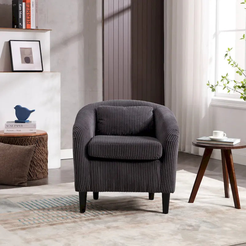 Modern Corduroy Barrel Chair with Wood Legs and Pillows