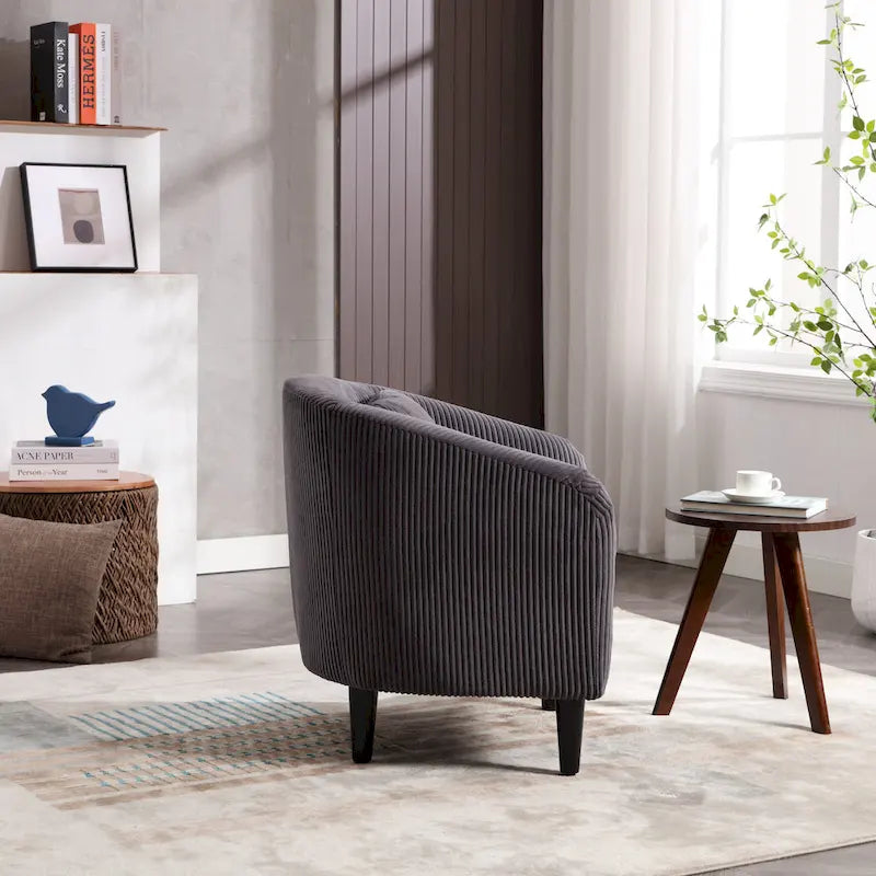 Modern Corduroy Barrel Chair with Wood Legs and Pillows