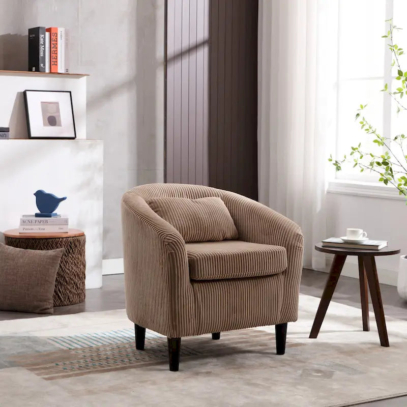Modern Corduroy Barrel Chair with Wood Legs and Pillows