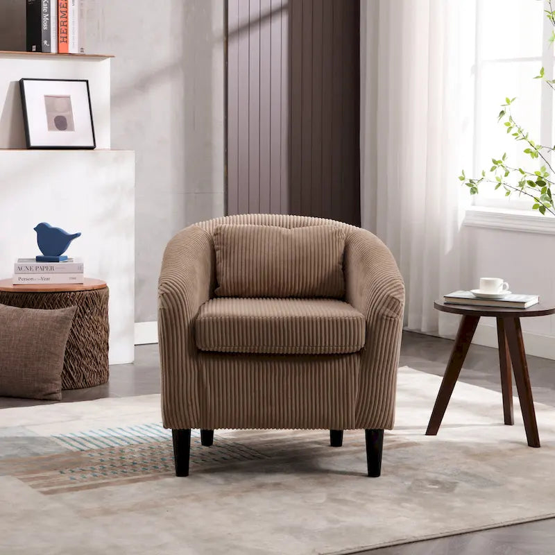 Modern Corduroy Barrel Chair with Wood Legs and Pillows