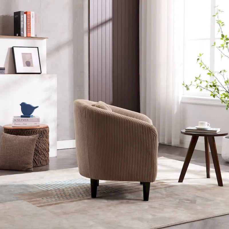 Modern Corduroy Barrel Chair with Wood Legs and Pillows