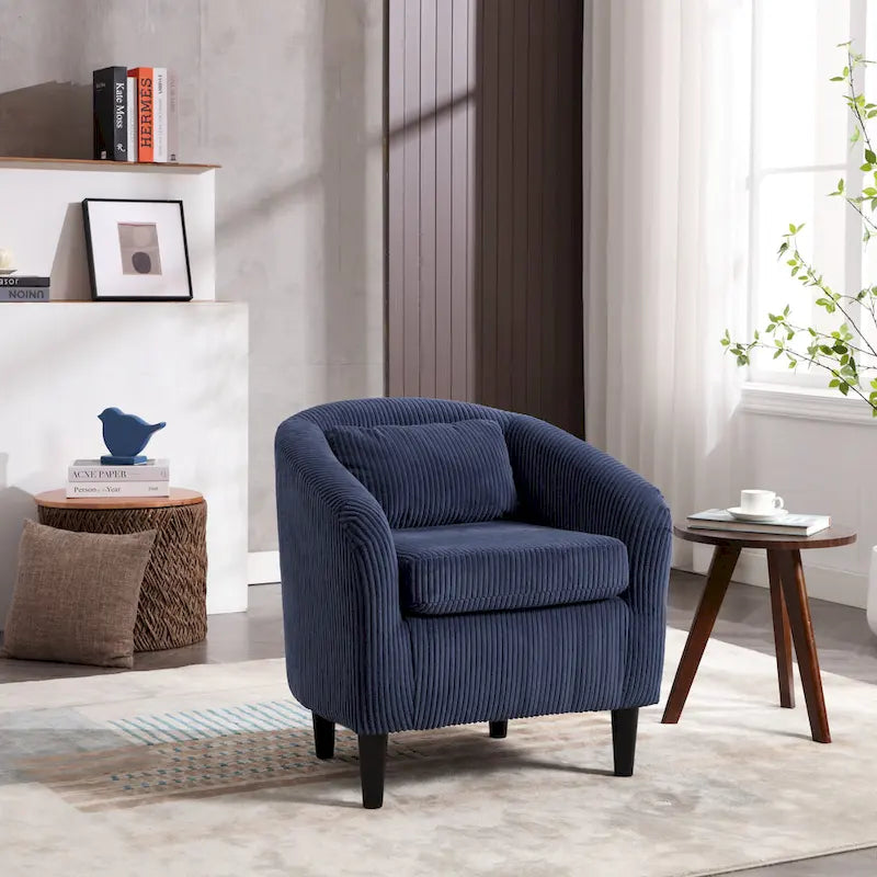 Modern Corduroy Barrel Chair with Wood Legs and Pillows