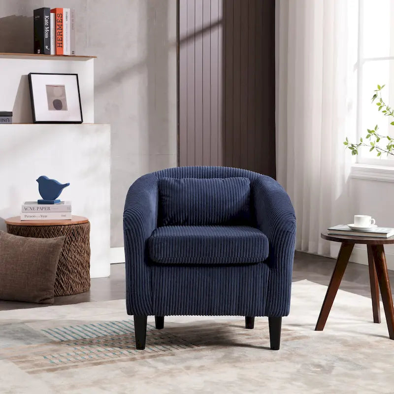 Modern Corduroy Barrel Chair with Wood Legs and Pillows