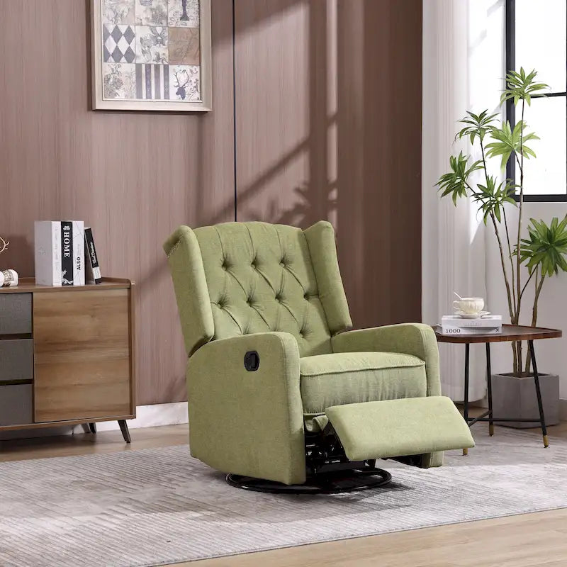 Olive Green Linen Swivel Glider Rocker Recliner with Button-Tufted Backrest and Footrest