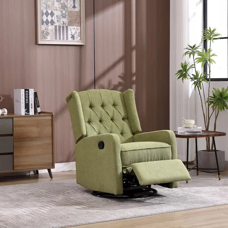 Olive Green Linen 360 Swivel Glider Rocker Manual Recliner with Button-tufted Backrest and Footrest for Living Room, Bedroom