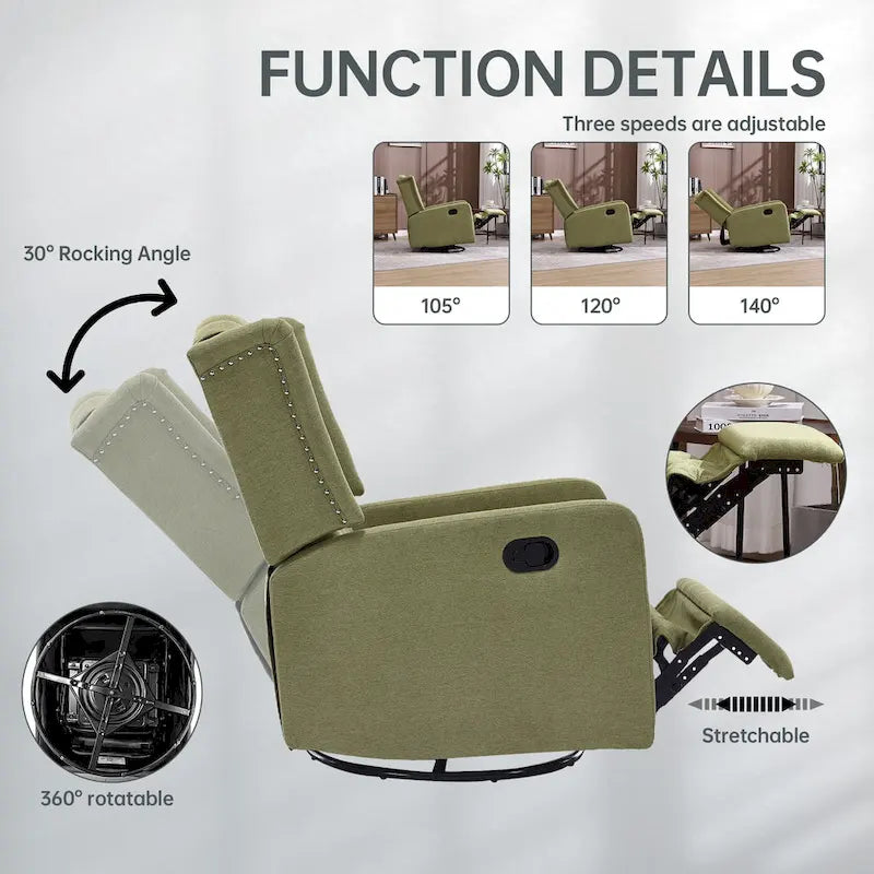 Olive Green Linen Swivel Glider Rocker Recliner with Button-Tufted Backrest and Footrest