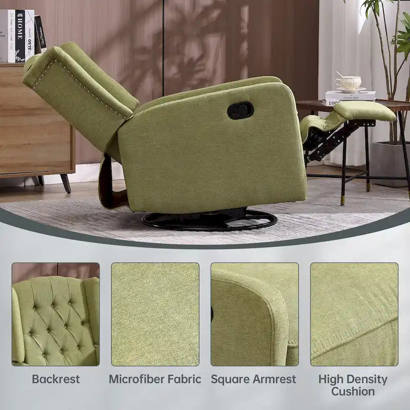 Olive Green Linen Swivel Glider Rocker Recliner with Button-Tufted Backrest and Footrest