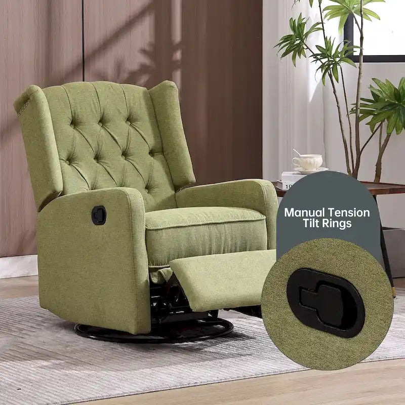 Olive Green Linen Swivel Glider Rocker Recliner with Button-Tufted Backrest and Footrest