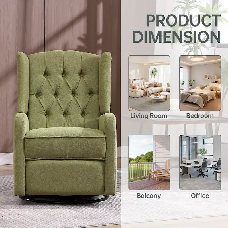 Olive Green Linen Swivel Glider Rocker Recliner with Button-Tufted Backrest and Footrest