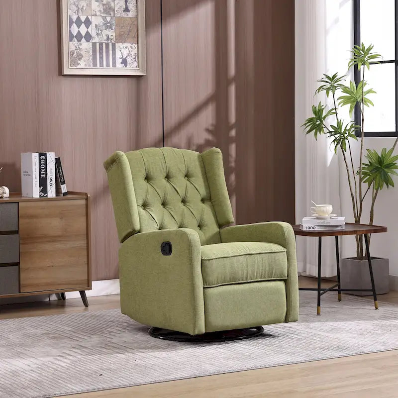 Olive Green Linen Swivel Glider Rocker Recliner with Button-Tufted Backrest and Footrest