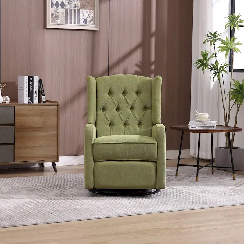 Olive Green Linen Swivel Glider Rocker Recliner with Button-Tufted Backrest and Footrest