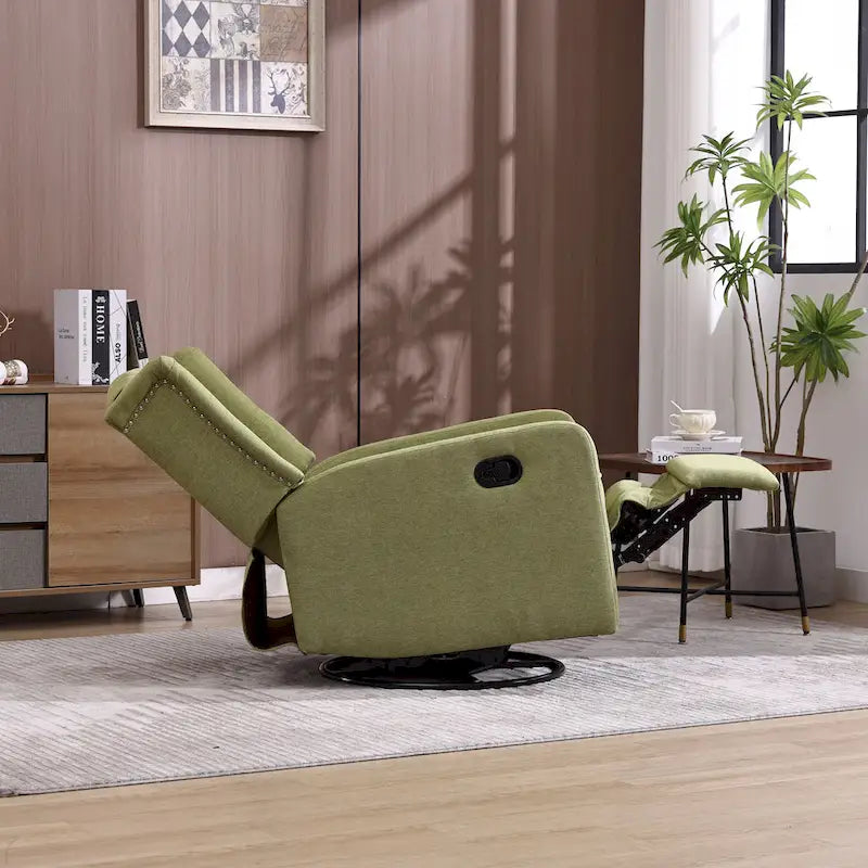 Olive Green Linen Swivel Glider Rocker Recliner with Button-Tufted Backrest and Footrest