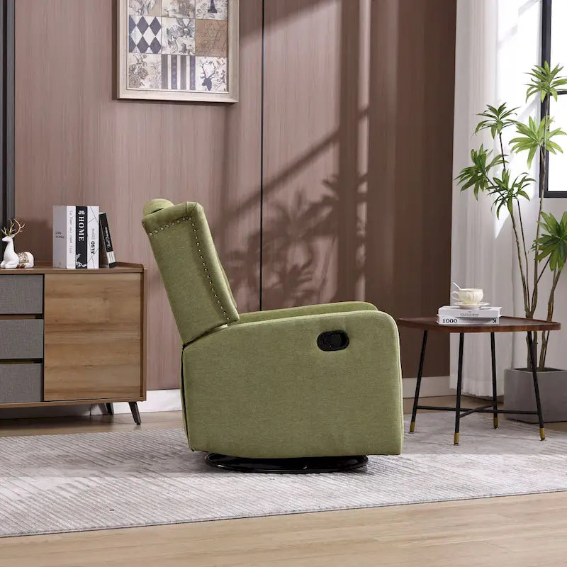 Olive Green Linen Swivel Glider Rocker Recliner with Button-Tufted Backrest and Footrest