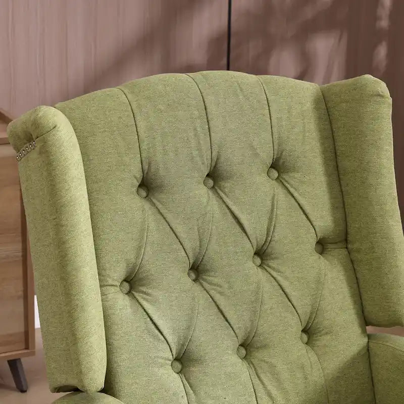Olive Green Linen Swivel Glider Rocker Recliner with Button-Tufted Backrest and Footrest