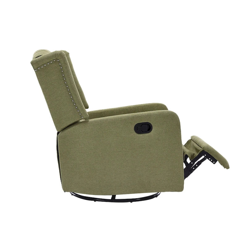 Olive Green Linen Swivel Glider Rocker Recliner with Button-Tufted Backrest and Footrest