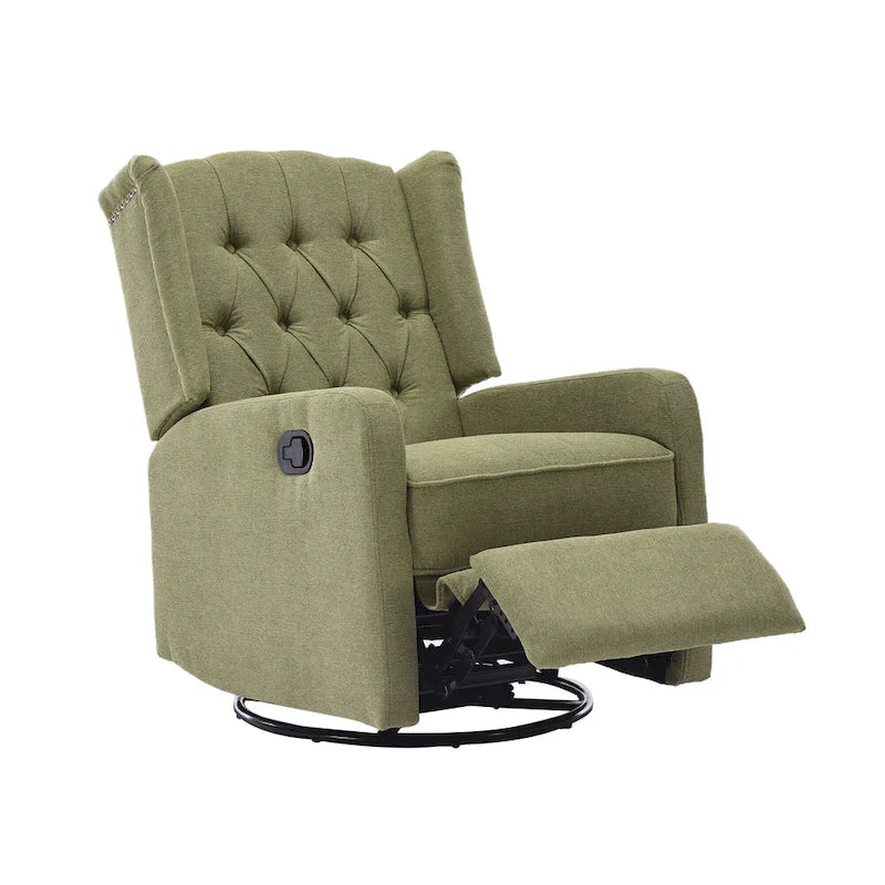 Olive Green Linen Swivel Glider Rocker Recliner with Button-Tufted Backrest and Footrest