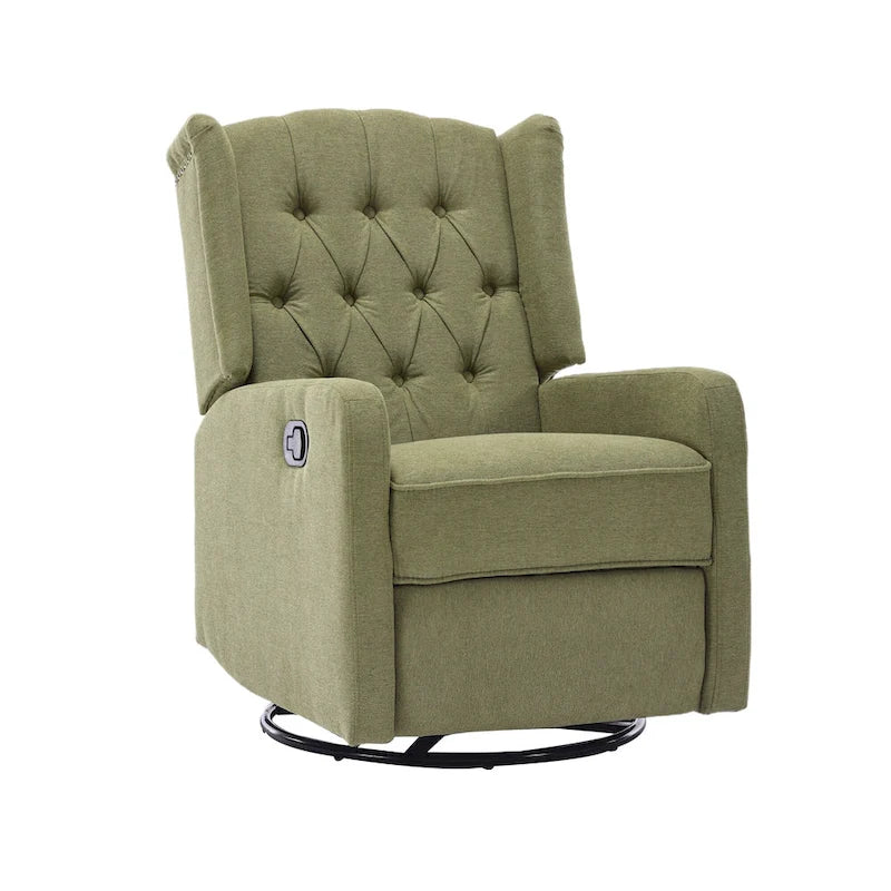 Olive Green Linen Swivel Glider Rocker Recliner with Button-Tufted Backrest and Footrest